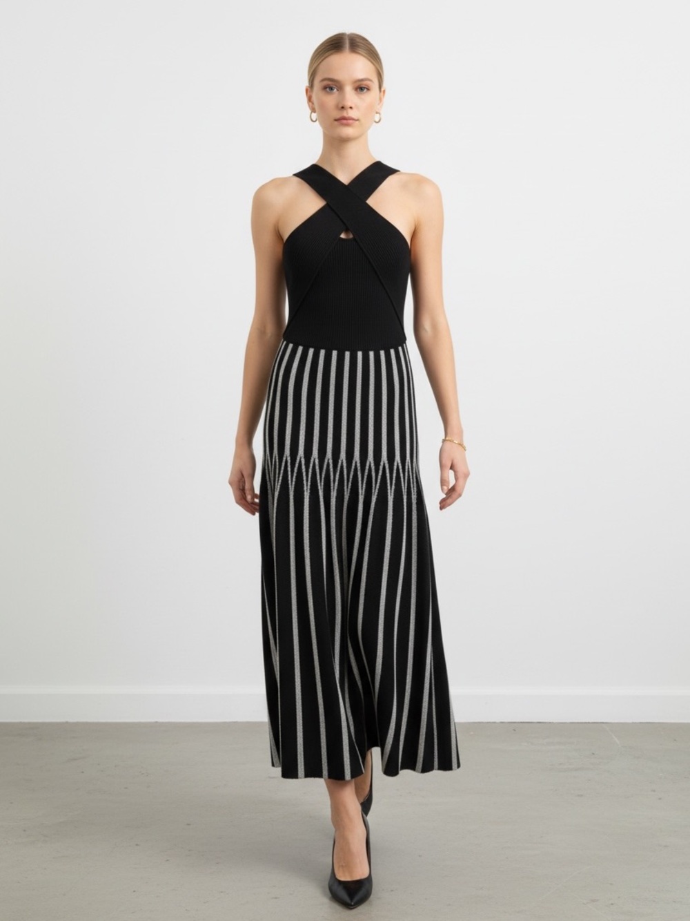 1640 • Black/White Rayon Blend Stretch Knit Trapeze X Strap Art Deco Vibes Dres